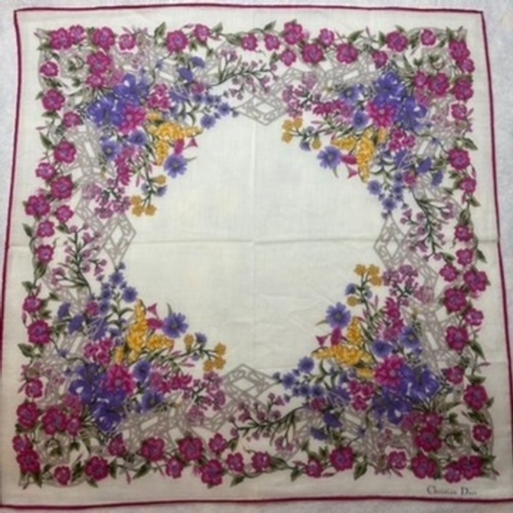 VTG CHRISTIAN DIOR Scarf Handkerchief Floral Bouquet Cotton White Pink 18.5"